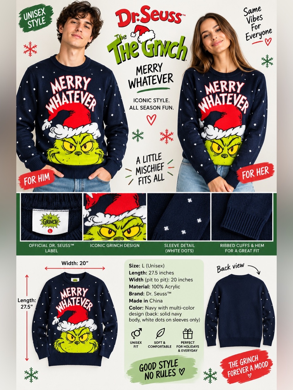 Dr. Seuss The Grinch Merry Whatever Unisex Christmas Sweater Size L Primark